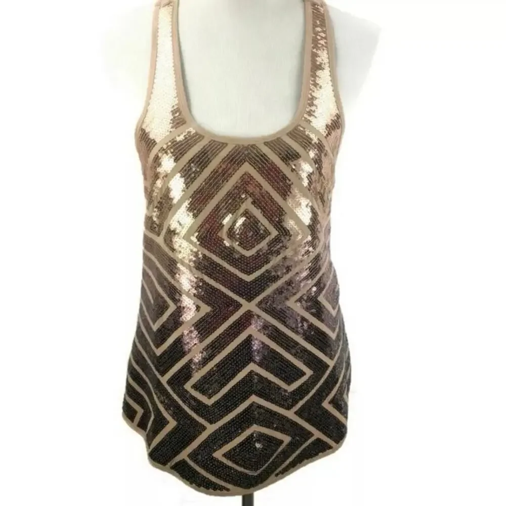 BCBG Sequin Tank Top Cami High Low Hem Tan Boho Contemporary Womans Size Large - Picture 10 of 10